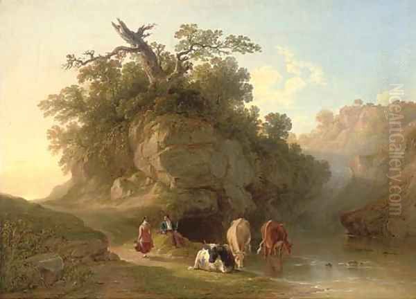 Drover and cattle beside a pool - view 1