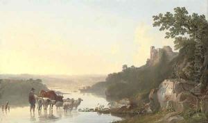 A wooded river landscape with a shepherd and his cattle in the foreground, a castle beyond by John F Tennant