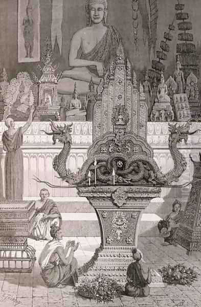 Interior of the Pagoda with Ancient-Antique Candle Stands at Xieng Cang, book illustration from A Journey of Exploration in Indo-China, pub. c.1873 - view 1