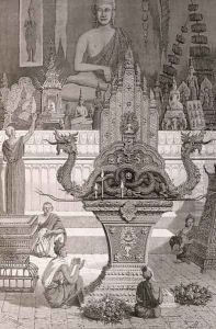 Interior of the Pagoda with Ancient-Antique Candle Stands at Xieng Cang, book illustration from A Journey of Exploration in Indo-China, pub. c.1873 by Therond, Emile Theodore