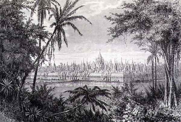 Angkor Thom showing the restoration of the Monument with Fifty Four Towers or Baion, engraved by J. Gauchard, book illustration from A Journey of Exploration in Indo-China, pub. c.1873 - view 1