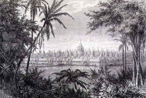 Angkor Thom showing the restoration of the Monument with Fifty Four Towers or Baion, engraved by J. Gauchard, book illustration from A Journey of Exploration in Indo-China, pub. c.1873 by Therond, Emile Theodore