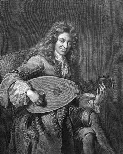 Portrait of Mouton playing the lute, engraved by Gerard Edelinck 1640-1707