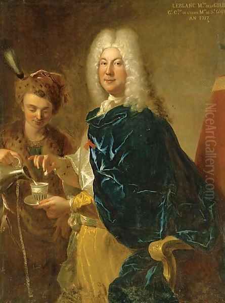 Portrait of Le Blanc, Minister of War, three-quarter-length, being served chocolate by a young male servant - view 1