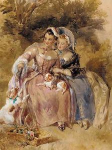 Two young ladies seated in a wooded landscape with two King Charles spaniels