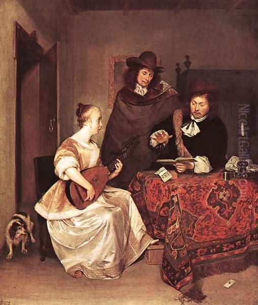 A Young Woman Playing a Theorbo to Two Men - view 1