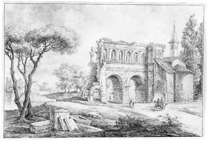 The outskirts of a village with a Gothic chapel built on a Roman gate The outskirts of a village with a Gothic chapel built on a Roman gate