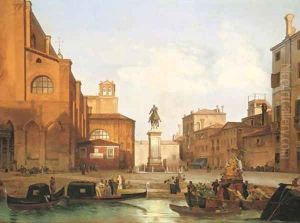 Venice preparations for a festival at the Campo di SS Giovanni e Paolo, looking north-east, with the equestrian monument to Bartolomeo Colleoni by Lancelot Theodore Turpin De Crisse