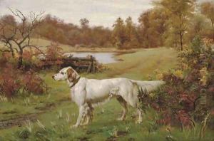 A Marbled Beauty - An English Setter in a landscape, a lake beyond by John Martin Tracy