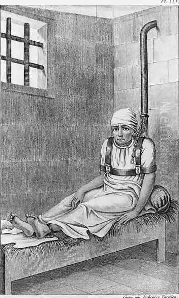 Chained insane at Bedlam, illustration from Des Maladies Mentales considerees sous le rapport medical, hygienique et medico-legal by Etienne Esquirol 1772-1840 plate XXV, 1838 - view 1