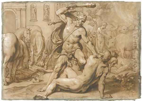 Hercules and Geryon, with the Mares of Diomedes devouring the king's body to the left and Hercules leading away the Oxen of Geryon to the right - view 1