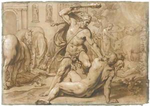 Hercules and Geryon, with the Mares of Diomedes devouring the king's body to the left and Hercules leading away the Oxen of Geryon to the right by Alessandro Turchi (Orbetto)