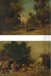 Zouave Encampment And Horses In A Landscape: A Pair