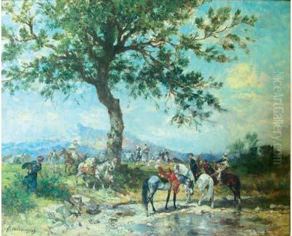 Chevaux Et Cavaliers A La Riviere - view 1