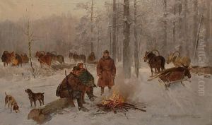 Huntsmen In A Winter Woodland Landscape Gathered Around A Fire.