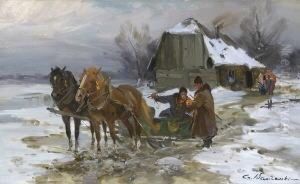 Pferdeschlitten Vor Einem Bauernhaus In Winterlandschaft.