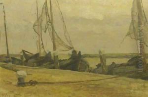 Moored fishingboats along a quay by Willem Bastiaan Tholen