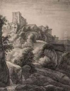 A Walled Town In A Rocky Wooded Landscape With A Waterfallnearby by Anthonie Waterloo