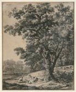 Waldlandschaft Mit Schlafendem Jager Und Jagdszene Mit Hunden Und Wildschwein by Anthonie Waterloo
