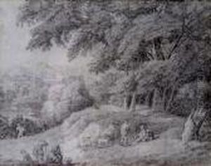 Figures And Dogs In An Extensive Wood And River Landscape by Anthonie Waterloo