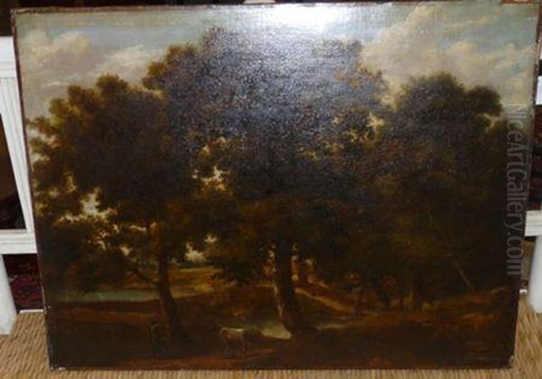 Figure And A Cow In A Wooded Landscape - view 1