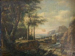 Figures And Animals In A Wooded River Landscape Figures And Animals In A Wooded River Landscape