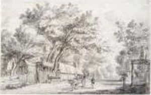 A Village Street, With A Horse And Cart And A Man Walking Alongside