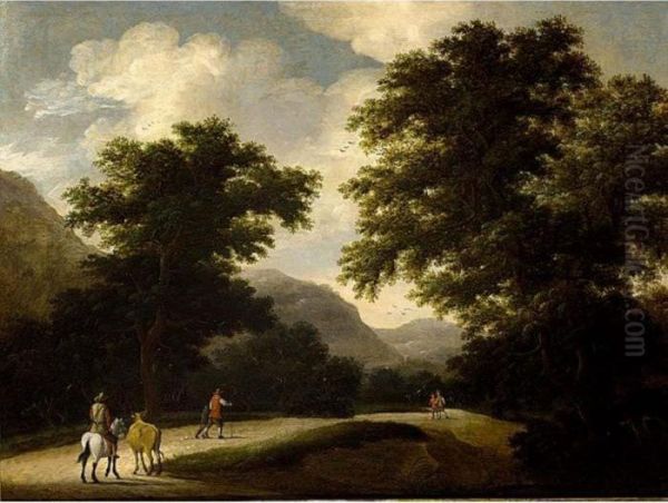 A Mountainous Wooded Landscape With Travellers On A Path by Anthonie Waterloo