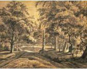 Wooded Landscape With A Tree Trunk Split By Lightning by Anthonie Waterloo