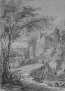 A Rocky Landscape With Figures Crossing A Bridge by Anthonie Waterloo