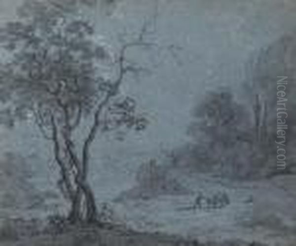 A Man And Two Donkeys In A Wooded Landscape - view 1