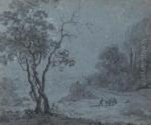 A Man And Two Donkeys In A Wooded Landscape by Anthonie Waterloo