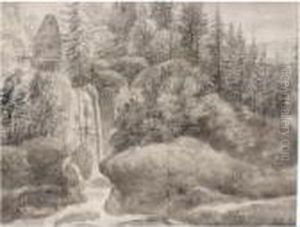 A Waterfall In A Forest, Near Hamburg by Anthonie Waterloo