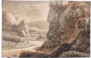 Sketchbook Page With A Mountainous River Landscape And Figures In The Bend Of The River