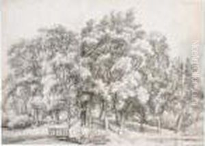 A Clump Of Trees, With Two Figures By A Sluice And A Pond by Anthonie Waterloo