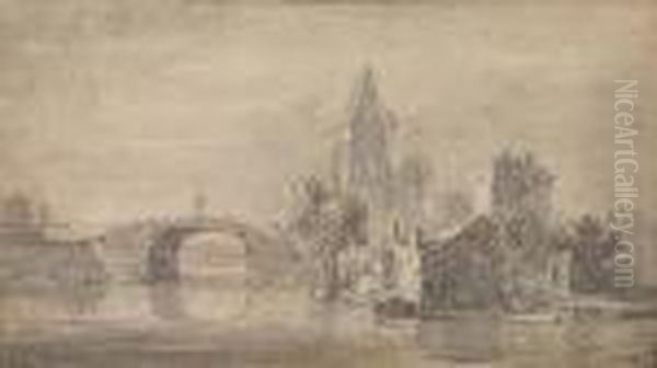 View Of A Peasant Traversing A Bridge Into A Village - view 1