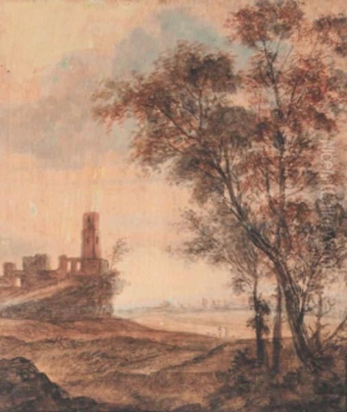 A Hilly Landscape With A Ruin On A Hill, Trees In Theforeground - view 1