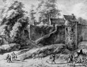 The Outside Walls Of A Fortified Town With Figures Carryingproduce, Others By A Tent by Anthonie Waterloo