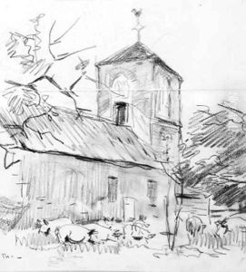 Pigs rooting near a small church