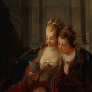 Mother And Daughter Studying A Ball Card by Jean-Antoine Watteau