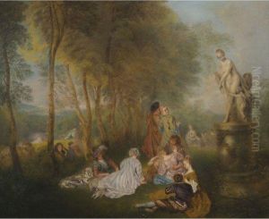 Fete Galante With A Statue Of Venus by Jean-Antoine Watteau