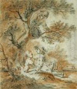 A Pastoral Scene With Young Lovers Under A Tree With A Figure Looking On by Jean-Antoine Watteau