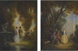 An Outdoor Scene With An Elegant Couple By A Fountain