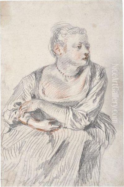 A Seated Woman, Wearing A Pearl 
Necklace, Her Arms Folded On Herlap, Looking To The Right - view 1