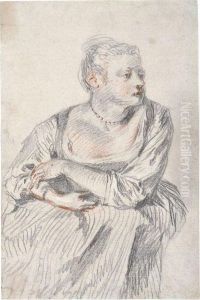 A Seated Woman, Wearing A Pearl 
Necklace, Her Arms Folded On Herlap, Looking To The Right by Jean-Antoine Watteau