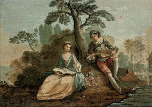 An Amorous Couple Making Music In A Wooded River Landscape - view 1