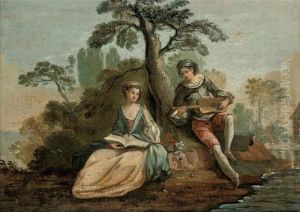 An Amorous Couple Making Music In A Wooded River Landscape by Jean-Antoine Watteau