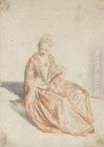 Jeune Fille Assise Tenant Un Eventail Ferme by Jean-Antoine Watteau