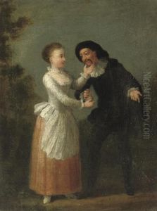 A Young Lady Accepting A Purse 
Of Money From A Comedia Dell'arte Character In A Garden Landscape by Jean-Antoine Watteau