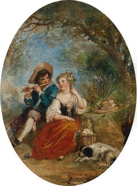 A Young Shepherd And Shepherdess With Their Dog In A Landscape - view 1